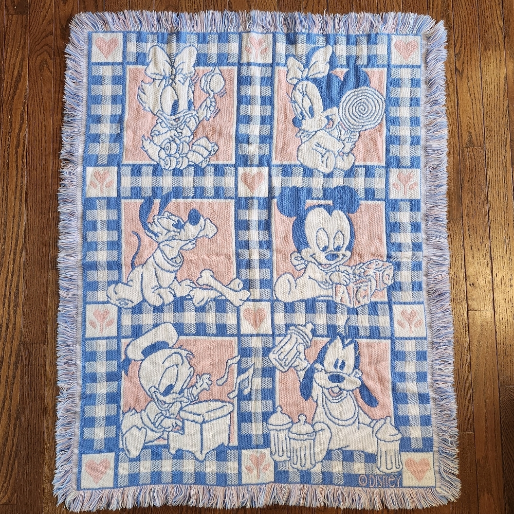 1990's Avon Disney Babies Woven Tapestry Throw Fringe Blanket Pink Blue 43x34